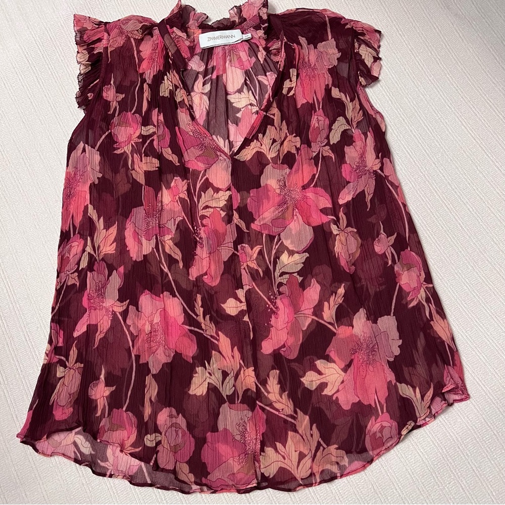 Zimmermann burgundy pink floral silk blouse 0P